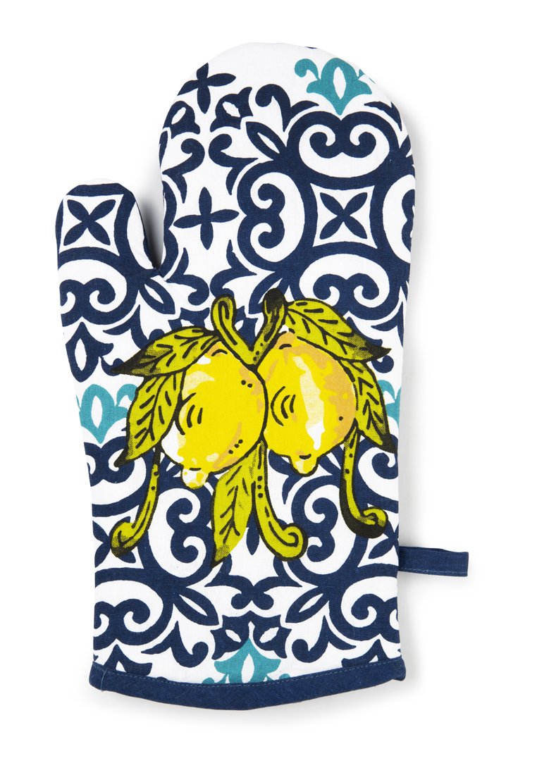 Baumwoll-Topflappen mit weißem Hintergrund, dunkelblauem, kunstvollem Muster und gelbem Zitronendesign. Verfügt über eine Schlaufe zum Aufhängen zur Aufbewahrung.