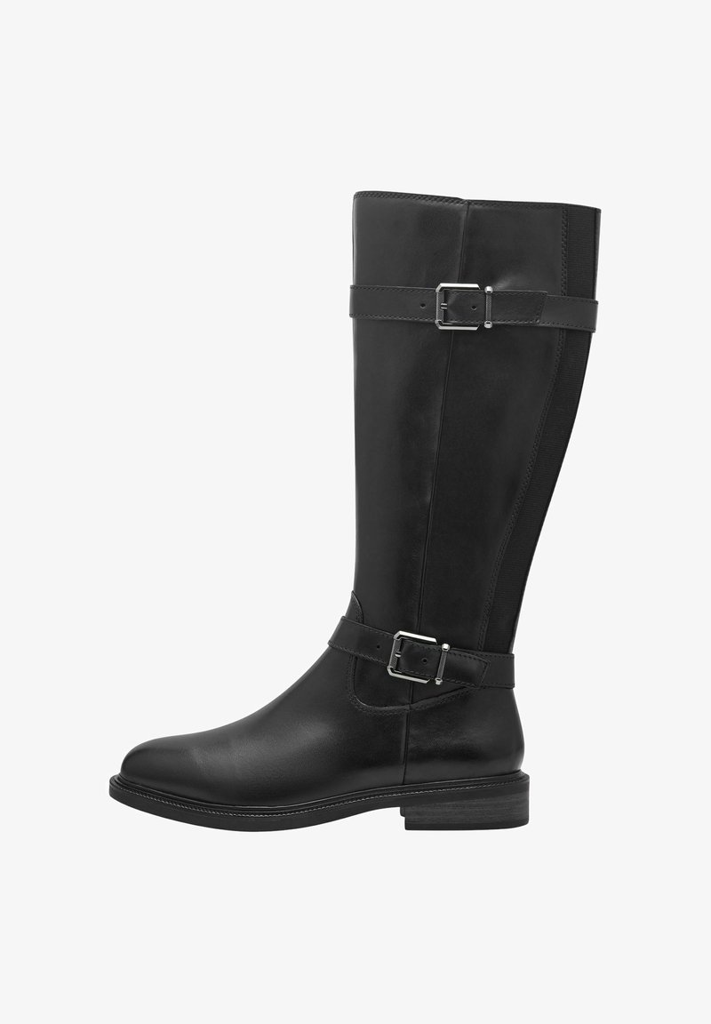 Botas de cuero negro hasta la rodilla con dos hebillas ajustables y un acabado suave. Presenta una puntera redondeada y un tacón bajo de madera.
