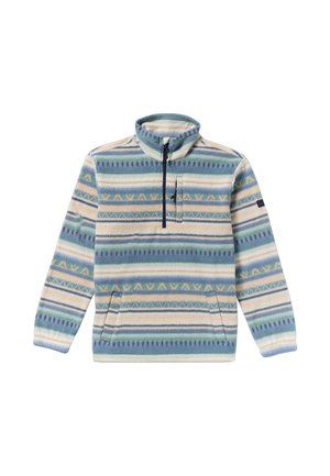 Pullover de fleece com colarinho de meia-zip, apresentando um padrão de riscas múltiplas em tons de azul, creme e verde. Inclui um bolso frontal.