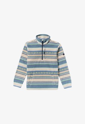 Fleece-Pullover mit einem Halb-Reißverschlusskragen, der ein Mehrfarbenstreifenmuster in Blau-, Cremé- und Grüntönen aufweist. Enthält eine Fronttasche.