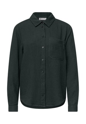 Chemise noire texturée à manches longues avec boutons, col, poche poitrine, ourlet arrondi et manches retroussées.