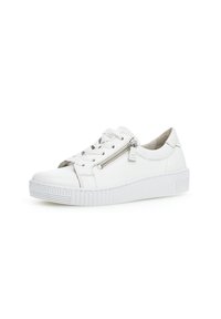 Sneaker bianco in pelle con suola in gomma testurizzata, dotato di una cerniera laterale e chiusura con lacci. Finitura liscia e design minimalista.