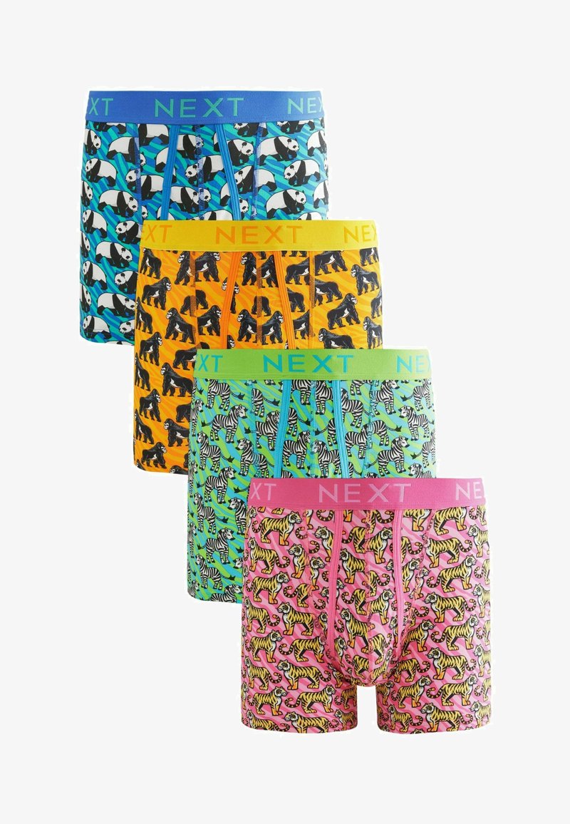 Fyra par boxershorts med djurmönster: blå med pandor, orange med gorillor, grön med zebror och rosa med tigrar. Alla har märkta midjeband.