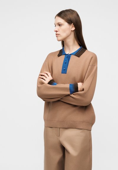 Femme aux longs cheveux bruns, les bras croisés, portant un pull marron avec un col bleu et noir, et un pantalon beige.