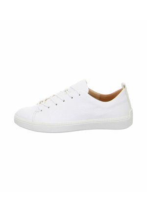 White leather sneaker with a textured surface, round toe, flat sole, and tone-on-tone laces. Minimalist design with subtle stitching details.