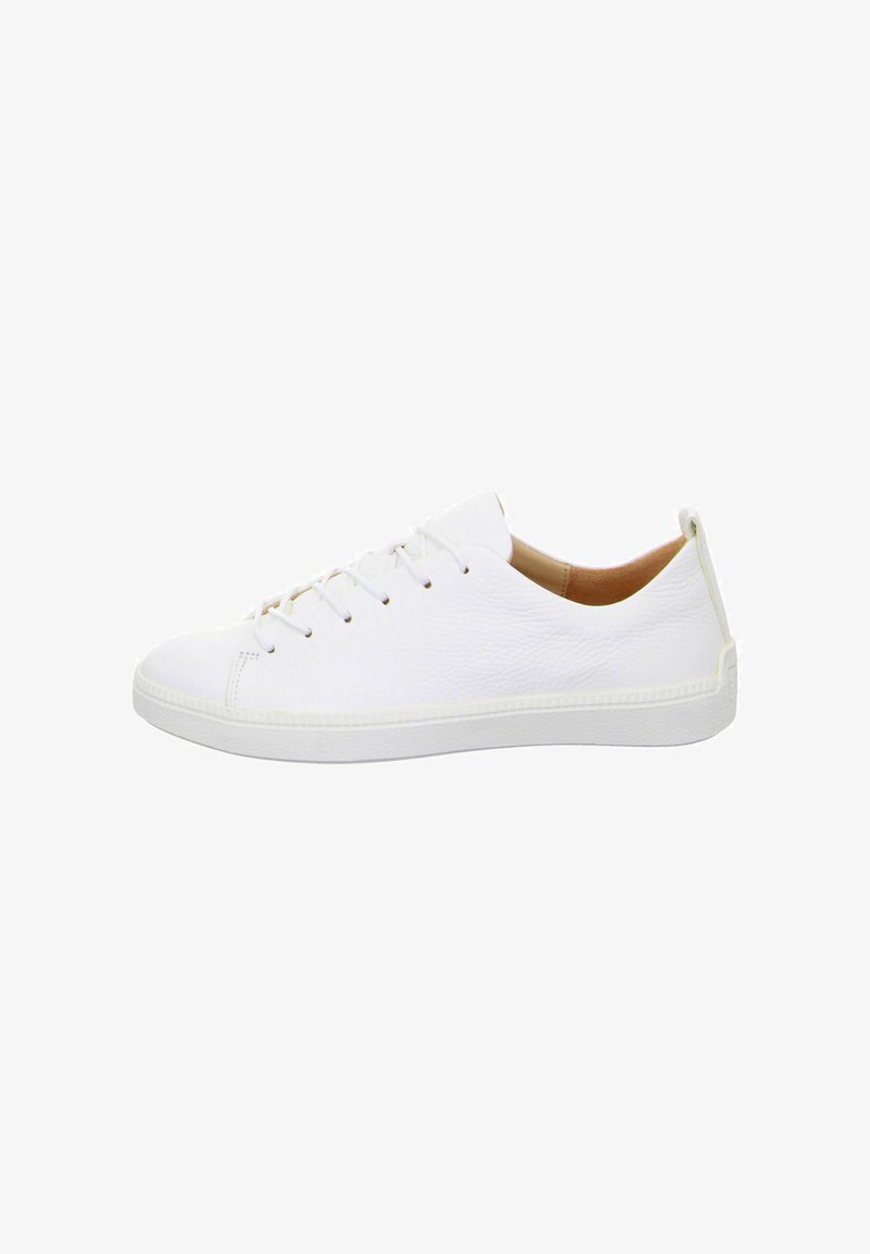 White leather sneaker with a textured surface, round toe, flat sole, and tone-on-tone laces. Minimalist design with subtle stitching details.