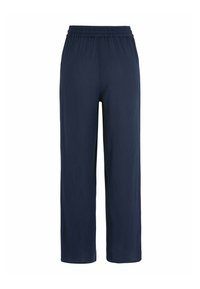 Marineblauwe wijdere broek met ribbeltextuur en elastische tailleband. Heeft een losse pasvorm en recht gesneden pijpen voor extra comfort.