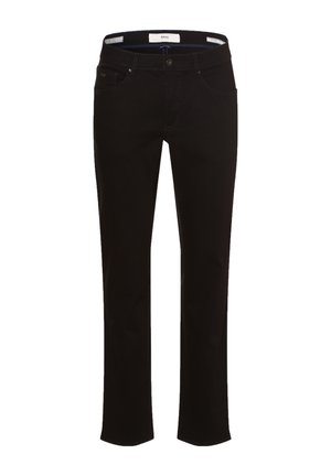 Schwarze Jeans aus Denim mit geradem Bein-Design, Fronttaschen und einem Knopfverschluss. Verfügt über kontrastierende Nähte und ein Etikett am Bund.