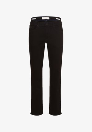 Schwarze Jeans aus Denim mit geradem Bein-Design, Fronttaschen und einem Knopfverschluss. Verfügt über kontrastierende Nähte und ein Etikett am Bund.