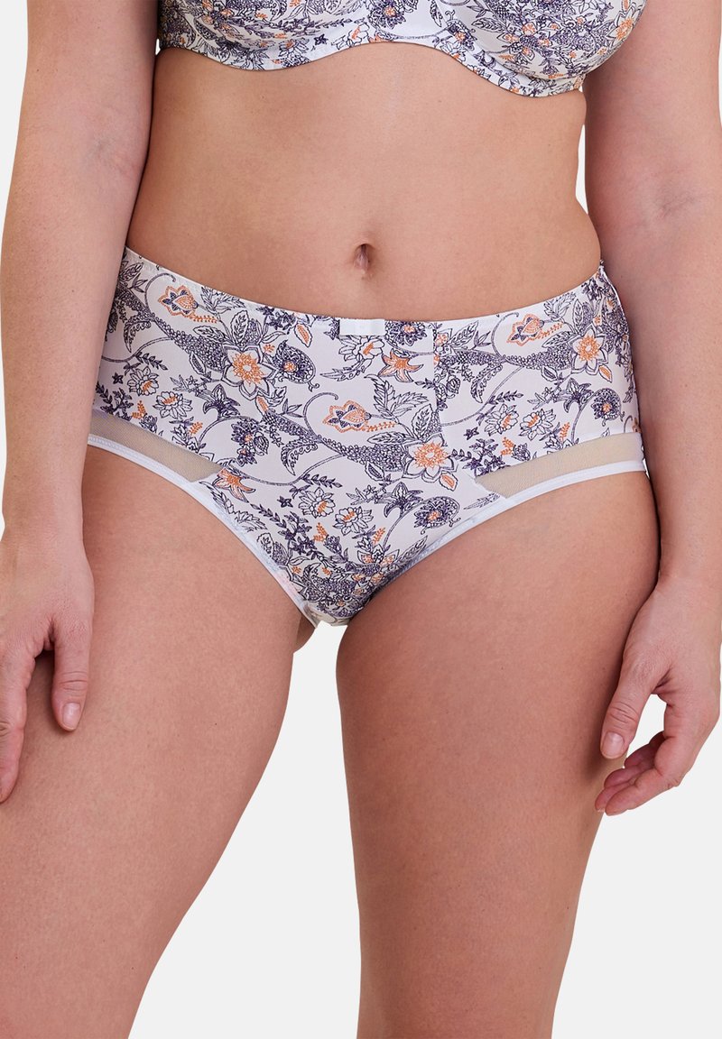 Bloemmotief, hooggeknoopte onderbroek met een witte basis en blauwe en oranje bloemen. Heeft een kanten rand langs de zijkanten en een gladde textuur.