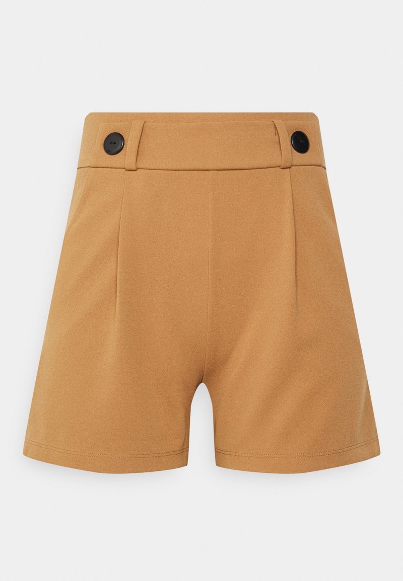 Shorts taille haute couleur camel avec deux boutons noirs sur la ceinture, fabriqués en tissu lisse.
