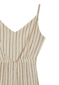 Beige dress with vertical black stripes, thin straps, V-neckline, and gathered waist, made from a textured fabric.