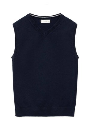 Granatowa, bezrękawnikowa dzianinowa kamizelka z dekoltem w serek i prążkowanymi krawędziami, rozłożona płasko na białym tle.