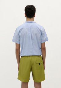 Chemise à rayures bleu clair à manches courtes avec un empiècement au dos, associée à un short vert olive de longueur genou avec une poche à patch.