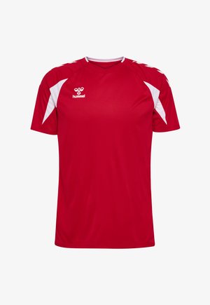 Czerwona sportowa koszulka z krótkim rękawem z białymi akcentami na ramionach i rękawach, z białym logo hummel na piersi.