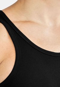 Black ribbed tank top with wide straps and a rounded neckline, showing a close-up of texture and fitted design around the shoulders.