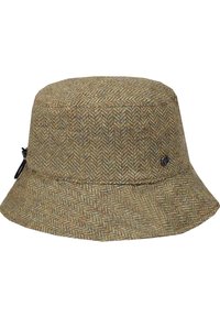 Klobúk s širokým krempou vyrobený z tkaniny s houndstooth vzorom v zemitých hnedých odtieňoch, so bočným klipom na nastavenie.