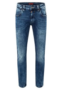 Donkerblauwe denim jeans met een slim fit. Heeft vijf zakken, een knoopsluiting en een vervaagd oppervlak voor een gedragen look.