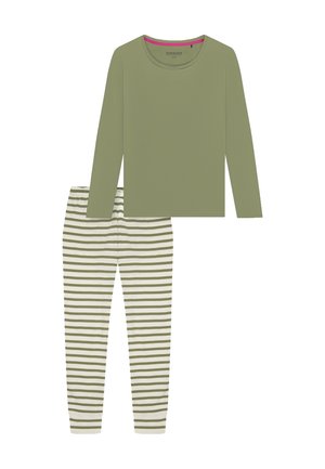 Oliivinvihreä pitkähihainen paita, jossa vaaleanpunainen pääntie, yhdistettynä kermaan vivahtaviin housuihin, joissa on vihreät vaakaraidat. Pehmeä kangas ja rento istuvuus.
