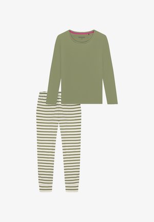 Olijfgroene top met lange mouwen en een roze halslijn, gecombineerd met crèmekleurige broek met groene horizontale strepen. Zachte stof in een ontspannen pasvorm.