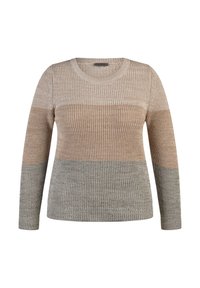 Strickpullover mit langen Ärmeln, der horizontale Streifen in Beige, Hellbraun und Grau aufweist. Strukturierter Stoff mit einem runden Ausschnitt.