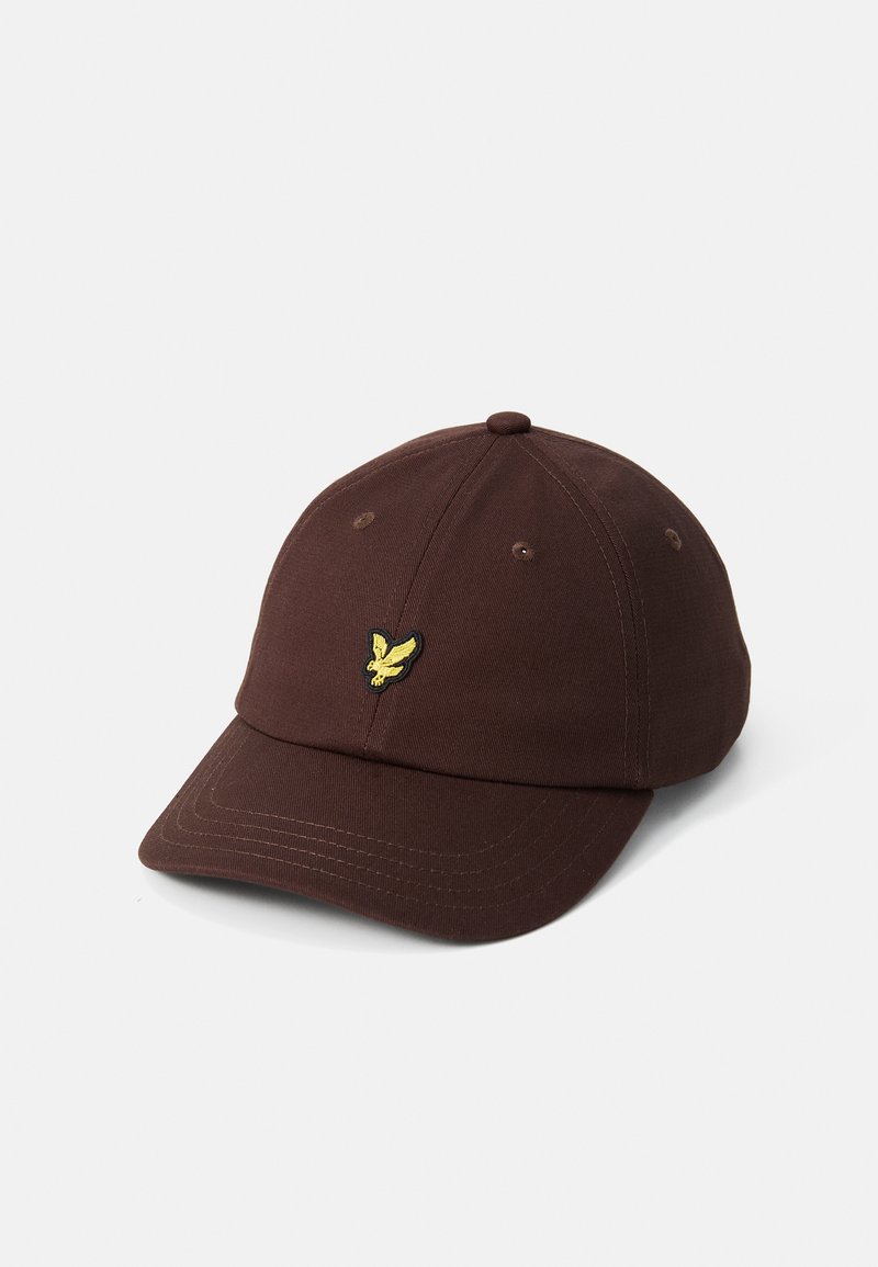 Casquette de baseball en coton marron avec une visière courbée et un logo jaune brodé à l'avant. Elle dispose de six trous de ventilation et d'une couronne arrondie.