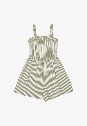 Green and white vertical striped sleeveless romper with elastic waist and shoulder straps, laid flat on a white background.