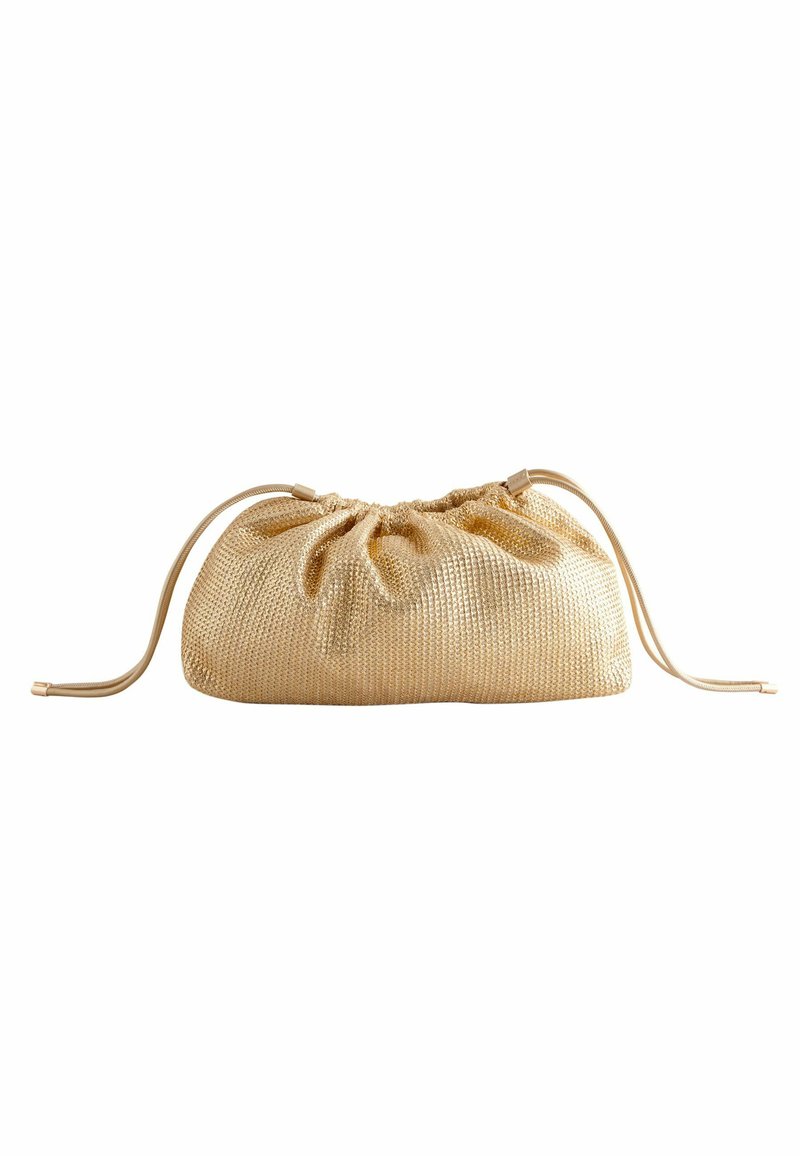 Gold mesh pouch with a gathered top, drawstring closure, and smooth, satin-like accents. Textured surface with a soft, rounded shape.