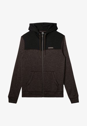 Ciemnobrązowa rozpinana bluza z kapturem z czarnym panelem na ramionach, kieszenią typu kangur i sznurkami z metalowymi końcówkami. Miękka w dotyku.