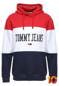 Felpa con cappuccio rossa, bianca e blu navy con blocchi di colore a contrasto. Presenta il logo ricamato "TOMMY JEANS". Realizzata in materiale misto cotone.