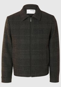 Veste en tartan gris foncé et noir, fabriquée en tissu texturé. Elle dispose d'une fermeture éclair à l'avant, d'un col et de poignets côtelés.