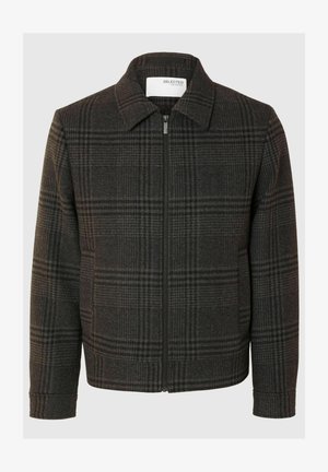 Plaid jacket in dark gray and black, made of textured fabric. Features a front zipper, collared neck, and ribbed cuffs.