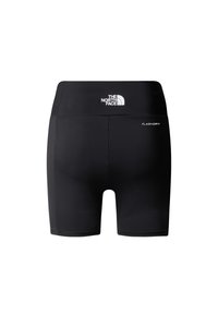 Svarta träningsshorts tillverkade av elastiskt material med hög midja. Har logotypen "The North Face" och texten "FLASHDRY" på baksidan.