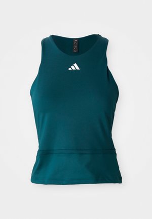 Teal atletisk tanktop lavet af glat, fugttransporterende stof. Har en rund halsudskæring, ærmeløs design og hvidt logo på brystet.