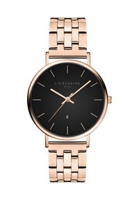 Roségouden metalen horloge met een zwarte wijzerplaat, minimalistische uurmarkers en een datumnweergave op 6 uur. Voorzien van een schakelarmband.