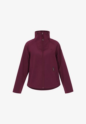 Jachetă bordo cu fermoar, cu guler înalt, având două buzunare laterale și un logo subtil pe față.