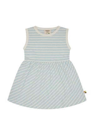 Strapless jurk met een nauwsluitende bovenkant en een uitlopende rok. Gemaakt van zachte katoen, met blauwe en witte strepen, voorzien van een klein label met kleuraccenten.