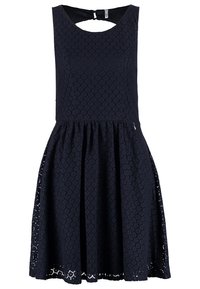 Robe sans manches bleu marine avec un motif floral texturé, col rond, corsage ajusté et jupe évasée avec un ourlet en lacet.