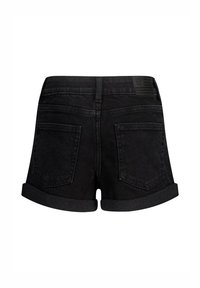 Black denim shorts with a rolled hem, two back pockets, and a small fabric patch on the waistband. Simple design, smooth texture.