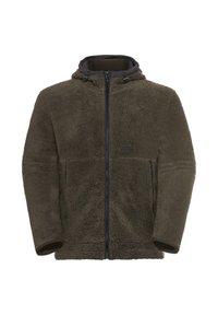 Dunkelolivgrüne Fleecejacke mit Reißverschluss vorne, Kapuze und zwei Reißverschlusstaschen. Sie hat eine weiche, strukturierte Oberfläche und kontrastierende schwarze Akzente.