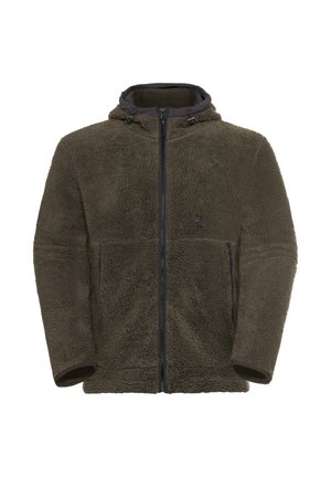 Giacca in pile verde oliva scuro con zip frontale, cappuccio e due tasche con zip. Presenta una superficie morbida e testurizzata con accenti neri a contrasto.