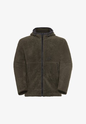 Giacca in pile verde oliva scuro con zip frontale, cappuccio e due tasche con zip. Presenta una superficie morbida e testurizzata con accenti neri a contrasto.