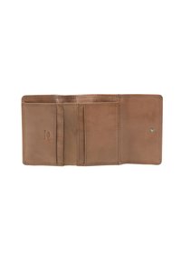 Portafoglio in pelle marrone con più scomparti per carte, texture liscia e chiusura a bottone a pressione. Include un emblema di blocco RFID.