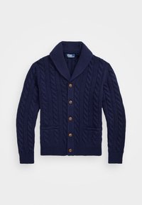 CABLE KNIT WOOL CASHMERE SHAWL CARDIGAN - Jopica - hunter navy