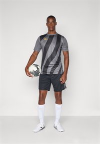 Grå idrettsdrakt med svarte diagonale striper, kombinert med mørke shorts, hvite sokker og en fotball. Logo i gull på brystet.