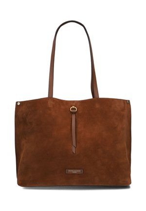 Brown suede tote bag with leather straps, featuring a central loop closure and a metal accent. Simple rectangular design, soft texture.