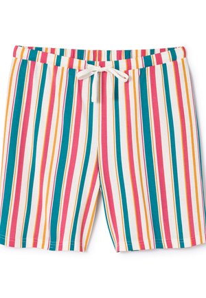 Pantaloncini da uomo con vita elastica a righe verticali in verde acqua, rosso, arancione e bianco, con coulisse bianca in vita.