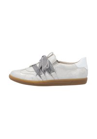 Silver leather sneaker with a striped bow accent, white heel, and textured rubber sole. Features a rounded toe and slip-on design.