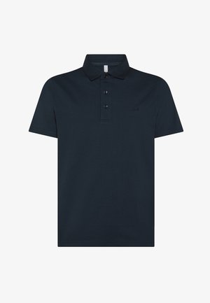 Polo shirt navy in cotone, caratterizzato da un collo con tre bottoni, maniche corte e un logo del brand ricamato sul petto.