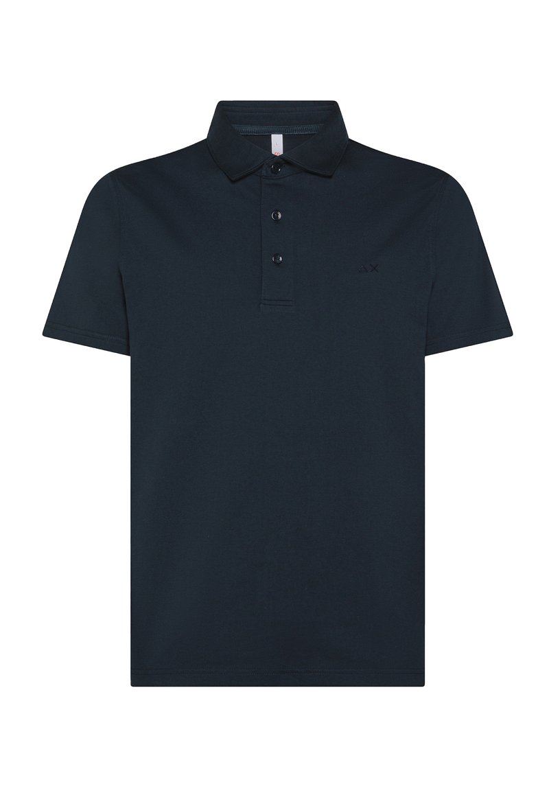 Polo shirt navy in cotone, caratterizzato da un collo con tre bottoni, maniche corte e un logo del brand ricamato sul petto.